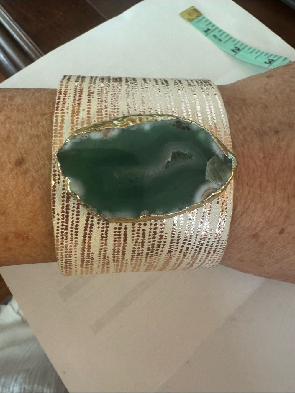 Gold-Trim Green Agate Statement Cuff Bracelet